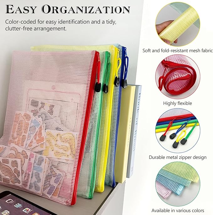 Mesh Zipper Pouch Bags – 13.2" x 9.2" Waterproof Storage Pouches, 4-Pack Colorful Translucent Bags for Office, Travel, Toys & Crafts