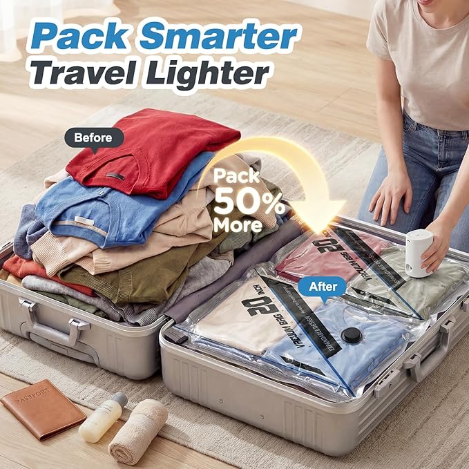 Vacuum Seal Bags for Clothing Travel with Rechargeable Electric Pump, Space Saver Vacuum Storage Bags Travel, Reusable Compression Bags for Luggage Home (15pcs,20/24/28)