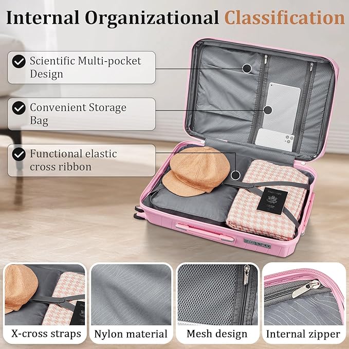 4 Piece Expandable Hardshell Pink Luggage Sets with Spinner Wheels, Lightweight Travel Suitcase Set with TSA Locks, 20 inch Carry On for Women (Pink#B, 4 Piece Set)