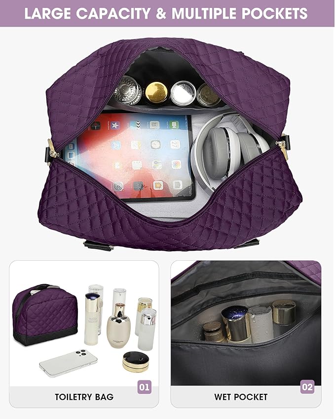 Weekender Bags for Women Travel Bag - Duffle Bag with Shoe Compartment Carry on Overnight Bag for Women Hospital Bags for Labor and Delivery 2Pcs Set Black Purple