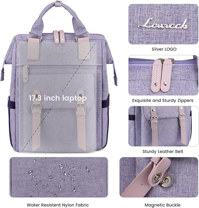 LOVEVOOK Laptop Backpack for Women, 17.3 Inch Teacher Nurse Bag Work Travel Computer Backpacks Purse, College Bookbag for School, Water Resistant Daypack