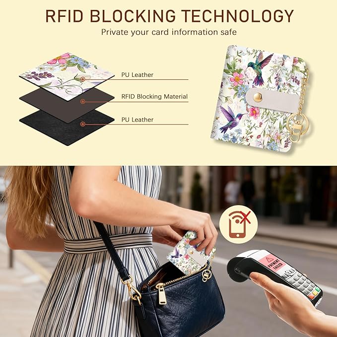 Jogjam Hummingbird Bird Rfid Women Wallet, Small Slim Thin Compact Credit Card Wallet, PU Leather Bifold Cash Wallet, Zipper Coin Pocket ID Window, Female Ladies Girl Gifts