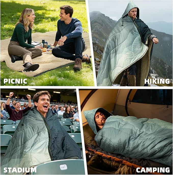 Outdoor Camping Blanket with Sherpa Lining, Extra Warm Thick Camp Blankets and Puffy Ultralight Soft Poncho DWR Camping Quilt for Cold Weather, Adventure, Sleeping, Backpacking 78"x 56"