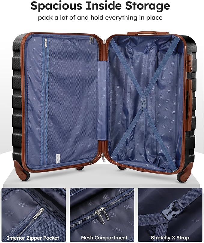 Suitour Luggage 3 Piece Sets Hard Shell Luggage Set with Spinner Wheels, TSA Lock, 20 24 28 inch Travel Suitcase Sets (Black Brown)