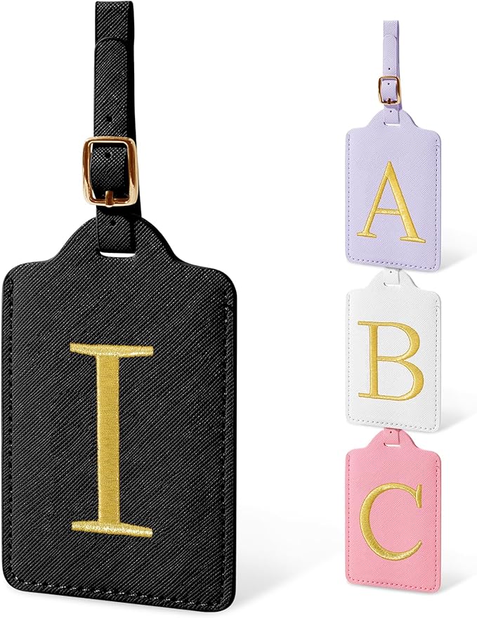 Initial Letter Luggage Tags for Suitcases, Embroidered Monogrammed Suitcase Luggage Identifier Name Tag, PU Leather TSA Approved Luggage Tags, Bag Tags for Men Women Kids Luggage Handbags(Black I)