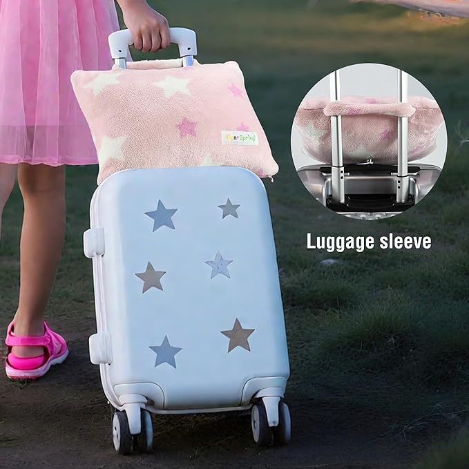 3-in-1 Kids Travel Blanket and Pillow Set - 40x60 Inches Soft Pink Star Design,Kids Travel Blanket Airplane Compact with Bag, Potable Pillow Blanket for Travel Airplane Train Bed Office