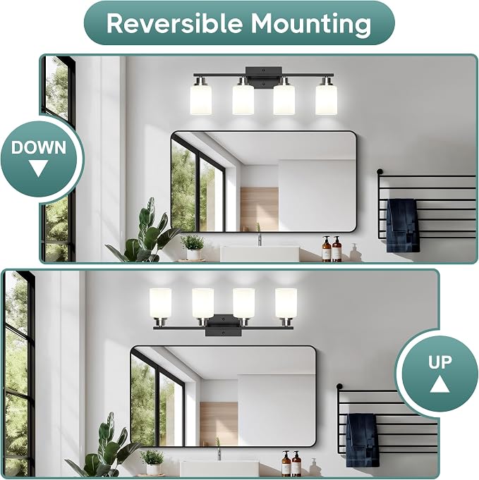 Ascher Bathroom Light Fixtures, 4-Light Vanity Light Over Mirror, Black and Nickel Wall Sconces with Milky White Frosted Glass Shades, Wall Lamp for Living Room Bedroom, E26 Base(Bulbs Not Included)