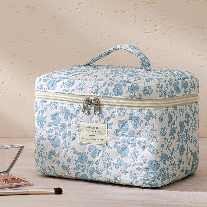 HBselect Quilted Makeup Bag, 3PCS Cotton Large Travel Makeup Bag, Cute Floral Coquette Make up Bag Cosmetic Bag Toiletry Bag for Women Girls