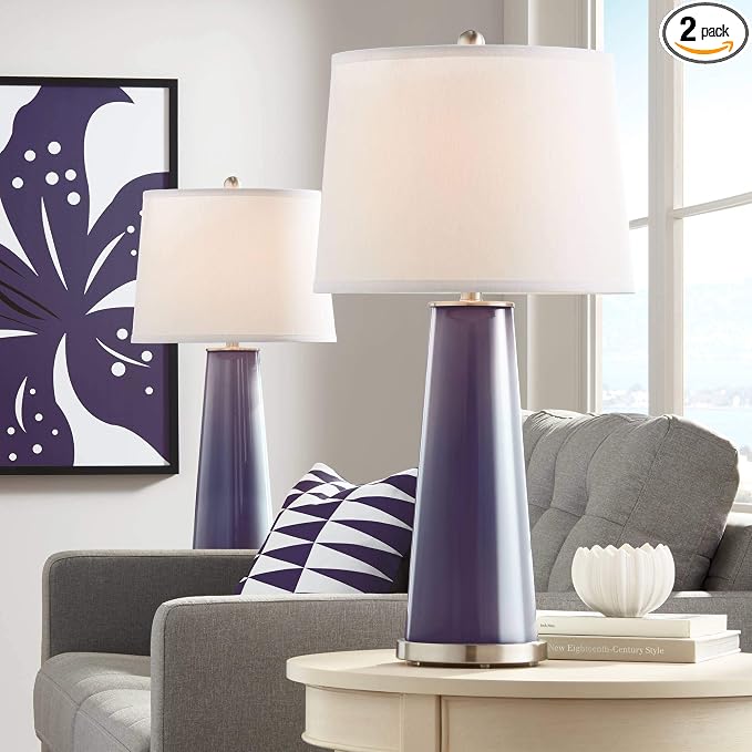 Leo 29 1/2" Tall Table Lamps Set of 2 Quixotic Plum Purple Glass Modern | Plain Column Tapered Gauntlet Gray Bedroom Living Room House Home Bedside Nightstand Office Family White Drum Shade