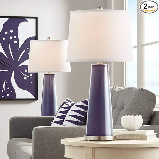 Leo 29 1/2" Tall Table Lamps Set of 2 Quixotic Plum Purple Glass Modern | Plain Column Tapered Gauntlet Gray Bedroom Living Room House Home Bedside Nightstand Office Family White Drum Shade