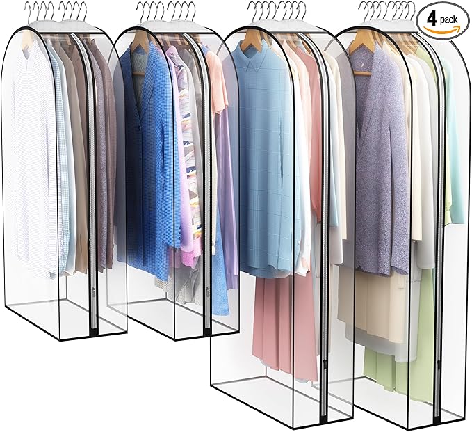 Liuoud Clear Garment Bag for Hanging Clothes 10” Gusseted, (40&50") Suit Bags for Open Closet Storage Plastic Clothes Cover for Coat, Dress, Shirts, Fur, Jacket, Wardrobe Protectors, 4 Pack
