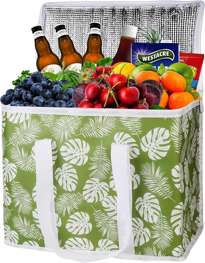 musbus 2-Pack extra Insulated Grocery shopping bag, large Green leaf, kitchen foldable reusable bags groceries,Sturdy zipper,Collapsible,tote,cooler,for transport women,Durable carrier