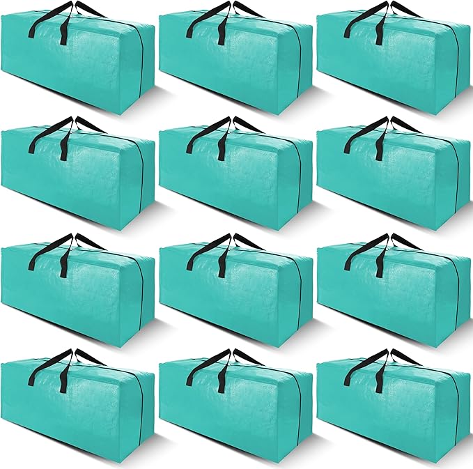 Cosy Family 12 Pack Heavy Duty Extra Large Moving Bags with Backpack Straps - Strong Handles & Zippers, Storage Totes For Space Saving, Fold Flat, Alternative to Moving Box, Aquamarine