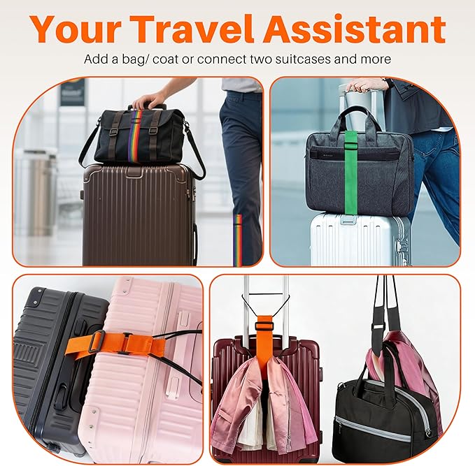 2 Pack Adjustable Luggage Straps for Add a Bag, Bungees Elastic Belt to Connect Suitcases, Luggage Connector Straps for Travel Essentials, Luggage Accessories Fastening Bag Strap - Rainbow