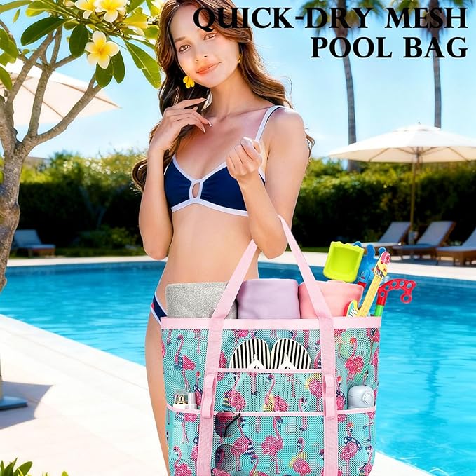 Fammart Mesh Beach Bag, Large Beach Tote with Zipper Pocket, Toys Pool Bag for Family Travel Vacation Cruise Essentials
