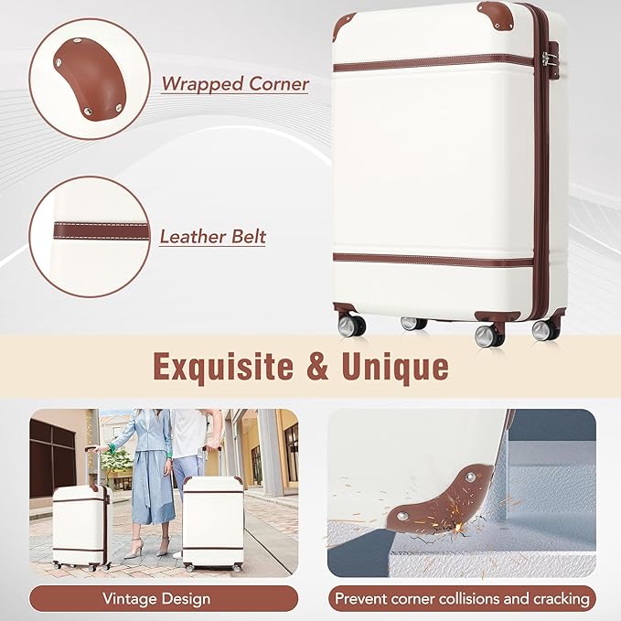 Merax Luggage Set 2 Piece Suitcase Set with Cosmetic Case Expandable Spinner Wheels Vintage Luggage Sets(White,20"+28")
