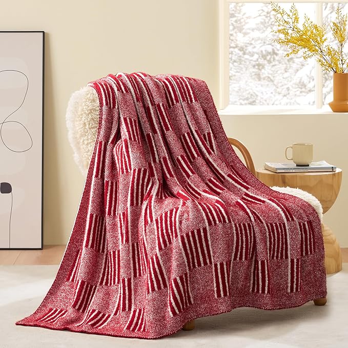 Snuggle Sac Red Checkered Christmas Blanket,Super Soft Reversible Twin Size Cozy Warm Throw Blanket for Couch Sofa Bedroom,Cute Lightweight Striped Blankets for Women,Heather Red,60x80 inches