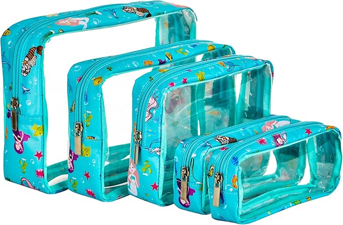 TSA Approved 5-Piece Diaper Bag Organizer Pouch Set Clear Waterproof TPU Kids Toiletry Storage Set Travel Packing Clutch Cube Bags for Baby Nursing(Mermaid)