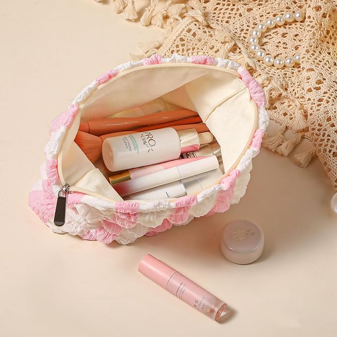 Makeup Bag, Bubble Cloud Travel Cosmetic Bag Organizer, Large Capacity Toiletry Make Up Bags with Zipper for Women and Girls, Pink-White