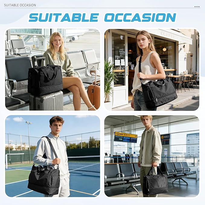 Small Black Gym Duffle Bag for Women Men with Shoe Compartment, Mini Cute Weekender Handbag Carry on Travel Bag for Airplane, Water Resistant Sports Yoga Tote Bag with Dry Wet Separated Pocket.