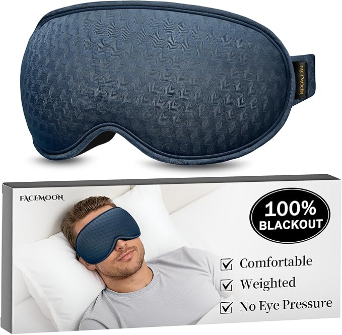 Weighted Blackout Sleep Mask for Men: 3D Contoured Zero Eye Pressure Sleep Mask for Stress Relief, Deep Sleep & Airplane Travel Essentials, Night Shift, Office Nap, Adjustable Strap, Blue