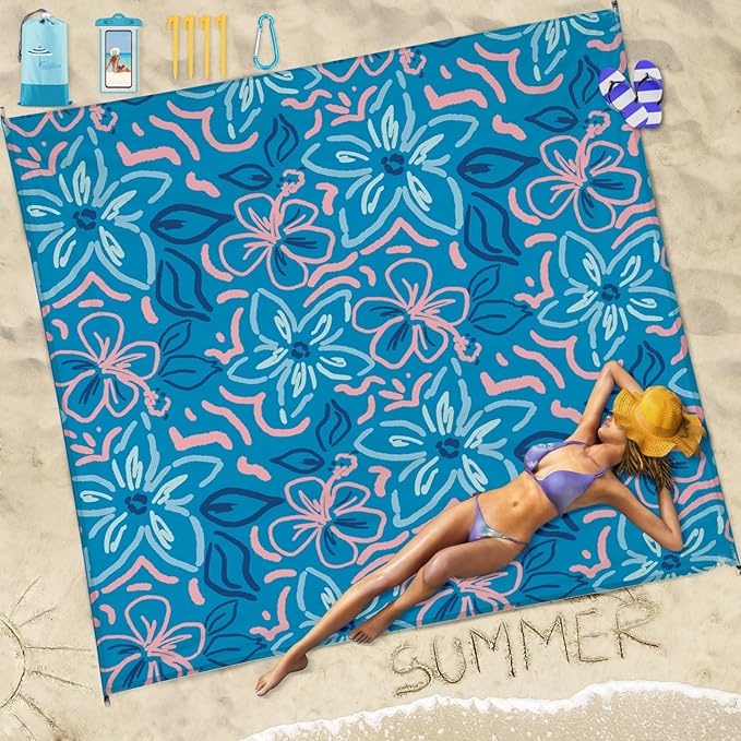Famstar Beach Blanket Sandproof Waterproof 78''×110'' 1-7Adults Oversized,Compact Lightweight Durable Beach Mat for Travel Camping Hiking Picnic Blanket
