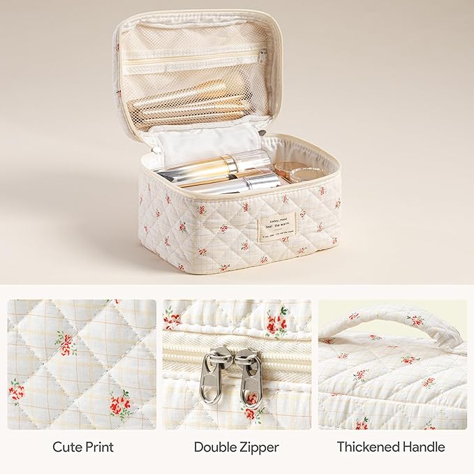 HBselect Quilted Makeup Bag, 3PCS Cotton Large Travel Makeup Bag, Cute Floral Coquette Make up Bag Cosmetic Bag Toiletry Bag for Women Girls