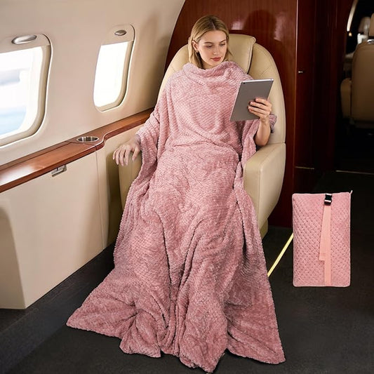 Tirrinia Travel Blanket and Pillow Set, Soft Compact Airplane Blanket with Foot Pockets, 4-in-1 Travel Essentials for Women Men, Portable Travel Gifts for Her, Travel Blanket for Airplanes, Cars