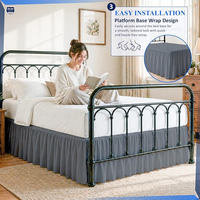 Cottingon Ruffled Bed Skirt with Split Corners-Dust Ruffle - 12" Drop 100% Microfiber Soft,Sheen & Luxurious Look - Bed Skirts (Dark Grey -Queen)