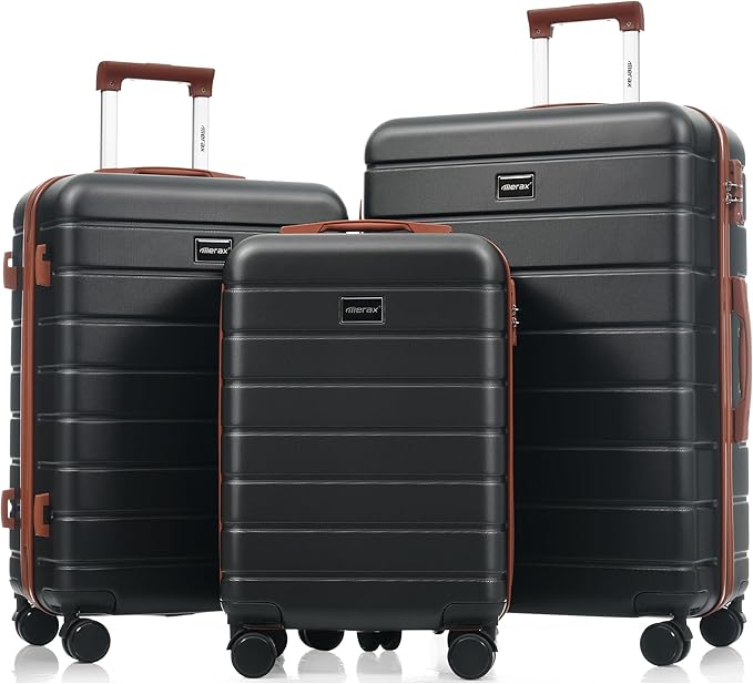 Merax Luggage Sets 3 Piece, Hardshell Lightweight Suitcase with Spinner Wheels, BLACK+ABS, 20/24/28 Inch