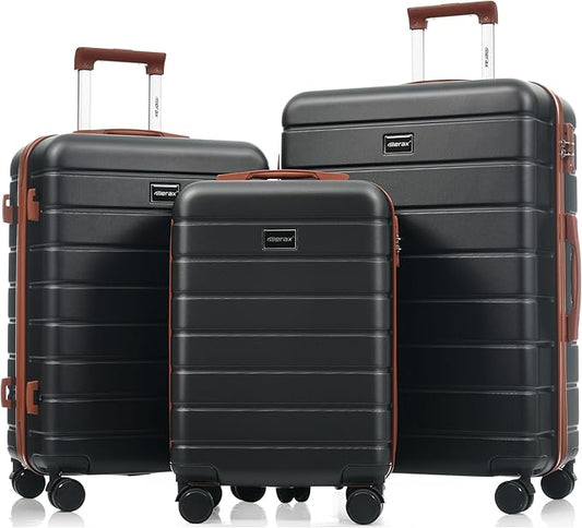 Merax Luggage Sets 3 Piece, Hardshell Lightweight Suitcase with Spinner Wheels, BLACK+ABS, 20/24/28 Inch
