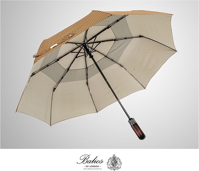 Balios Travel Folding Umbrella with Real Wood Handle Auto Open Close Vented Windproof Canopy - Designed in UK