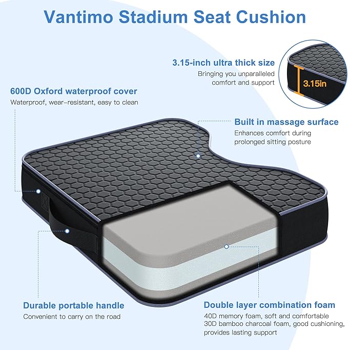 Stadium Seat Cushions for Bleachers - 3.15" Extra Thick Portable Bleacher Seats with Memory Foam & Massage Dots, Comfortable Waterproof Outdoor Chair Pads for Sporting Events, Travel, Camping