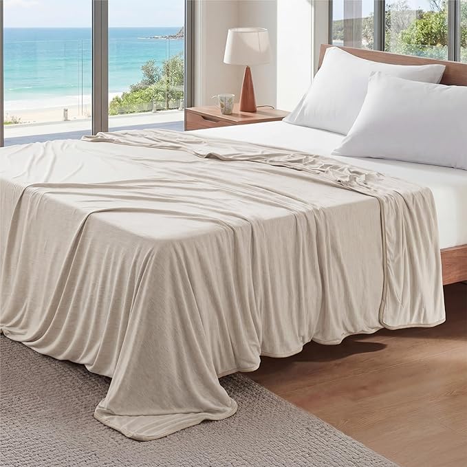Bedsure Oat Beige Cooling Blanket Full Size for Hot Sleepers - Summer Blanket Full Size Cold Bed Cool Arc-Chill Thin Ice Cooled Bedding with Rayon Derived from Bamboo Night Sweats Hot Flashes, 80x90