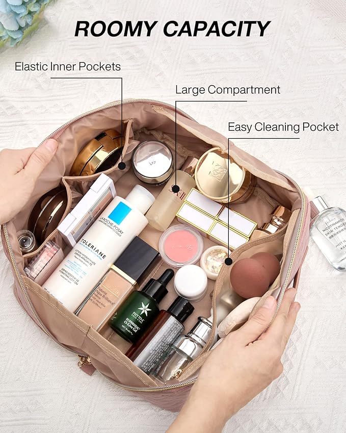 BAGSMART Makeup Bag Cosmetic Bag, Travel Makeup Bag,Water-resistent Makeup Bags for Women Portable Pouch Open Flat Make Up Organizer Bag for Toiletries, Brushes, Pink