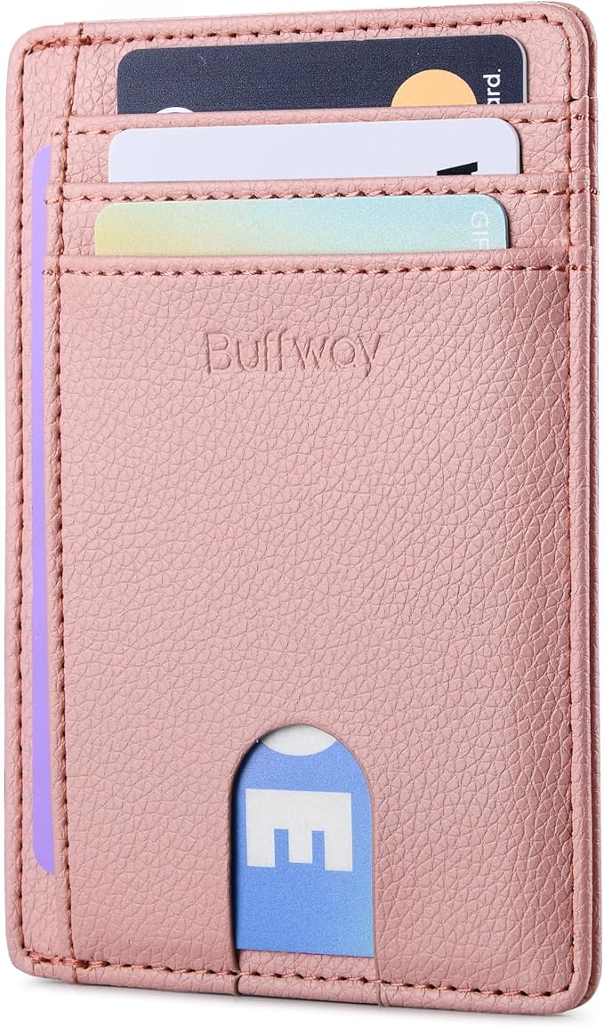 Buffway Slim Minimalist Front Pocket RFID Blocking Leather Wallets for Men and Women - Lichee Pink
