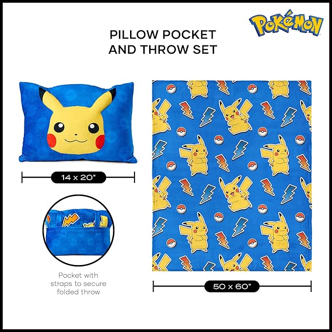 Northwest Pokémon Pika Pika Pikachu Plush Blanket 50" x 60" with 3D Plush Pocket Pillow 14" x 20" - Soft Pokemon Gifts for Boys and Girls- Comfy and Cozy Blanket Set