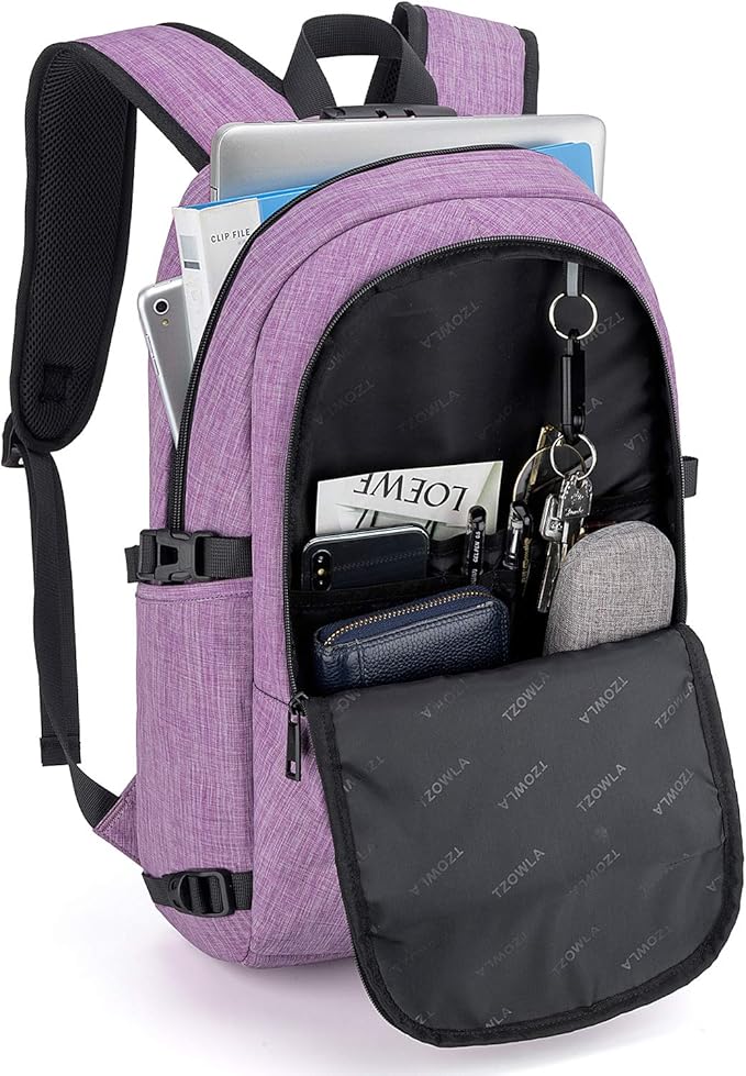 Tzowla Travel Laptop Backpack Water Resistant Anti-Theft Bag with Giant Tumbler Holder Pocket and Lock 15.6 Inch Computer Business Backpacks for Women Men Work College Gift,Casual Daypack(Purple)