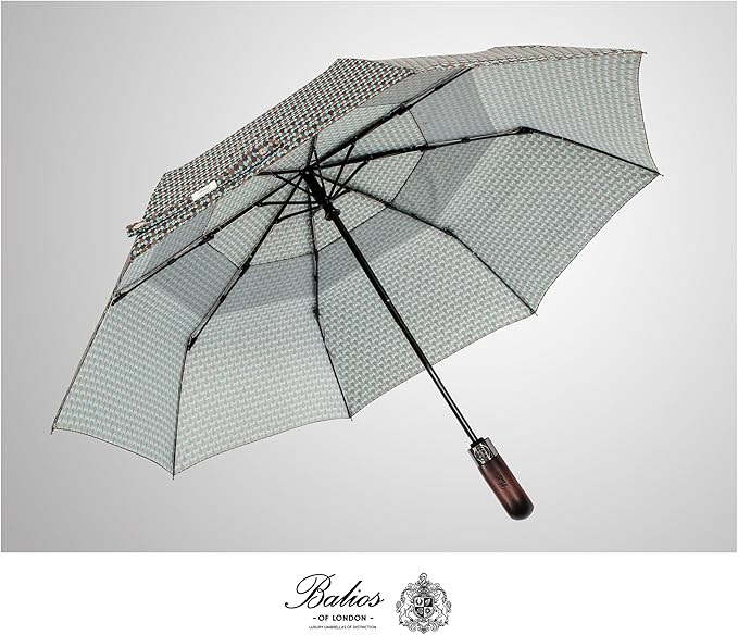 Balios Travel Folding Umbrella with Real Wood Handle Auto Open Close Vented Windproof Canopy - Designed in UK