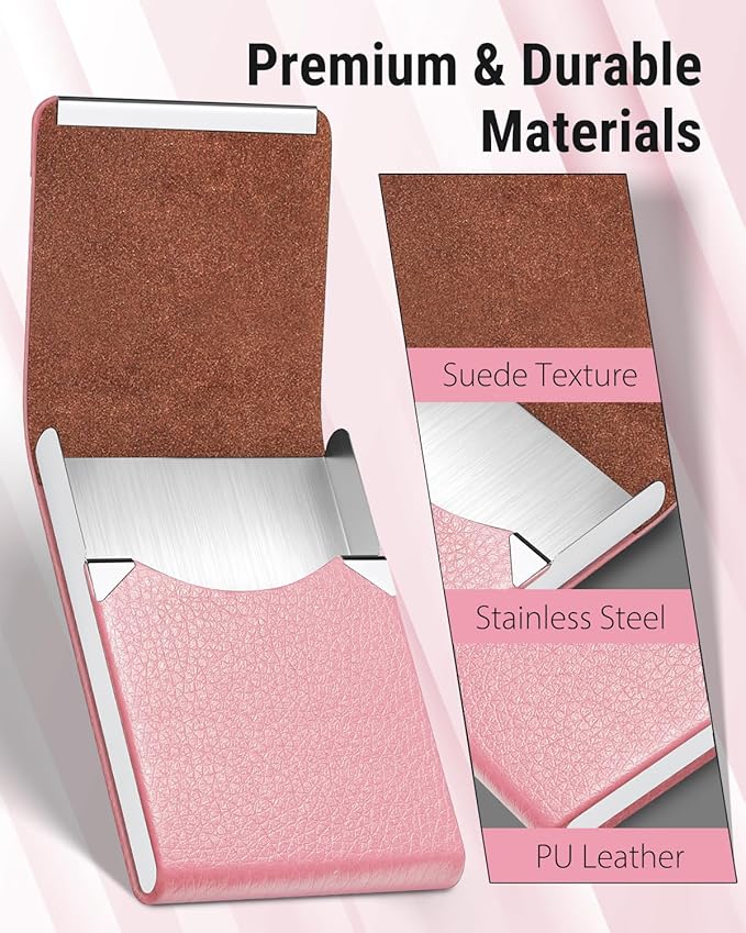MaxGear Business Card Holder, PU Leather & Stainless Steel Business Card Case for Men or Women, Slim Name Cards Holder RFID Blocking Credit Cards Carrier with Magnetic Closure, Pink