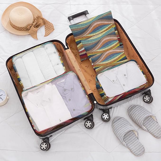7 Set Packing Cubes Travel Luggage Organizers for Suitcase Travel Accessories with Shoe Bag for Girls Women Aesthetic Cute Boho Bohemian-Colorful