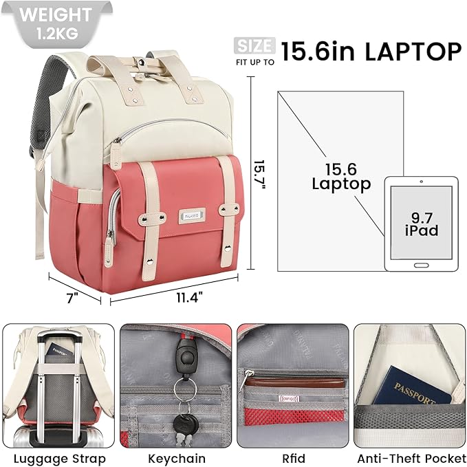 FALANKO Laptop Backpack for Women,Teacher Doctor Nurse Work Purse Bag for 15.6 Inch Laptop, Wide Open backpack With RFID Pocket, Large Water Resistant Travel Backpack White-Pink