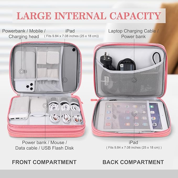 FYY Electronic Organizer, Extra Large Travel Cable Organizer Bag Pouch Portable Waterproof Double Layers All-in-One Storage Bag for iPad, Cable, Power Bank, Laptop Charger for Office/Home, Pink