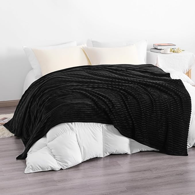 NTBAY Plush Flannel Twin Bed Blanket, 60X80 Inches Soft and Warm Lightweight Blanket with Striped Texture Bed Blanket for Couch Sofa Bed All Seasons, 60"x80", Black