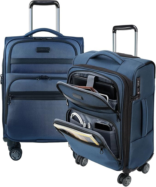 KROSER Softside Expandable Carry On Luggage with Front Business Pockets，20 Inch Suitcases with Spinner Wheels & Built-in TSA Lock, Durable Suitcase Rolling Luggage with USB Port, Haze Blue
