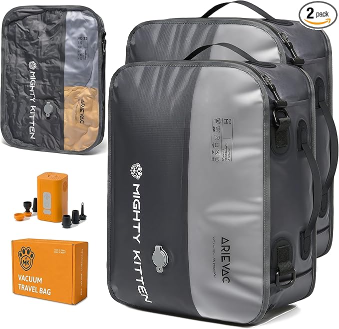 Travel Vacuum Seal Bag with Pump, 21L Compression Packing Cube Kit with 270° Zipper, Reusable Waterproof Vacuum Storage for Carry-On & Small Checked Luggage (2-Pack)