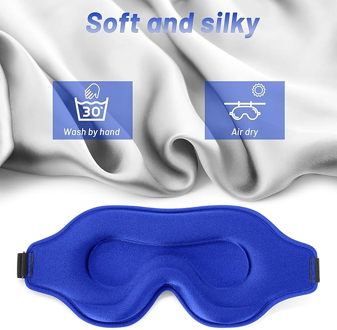 Sleep Eye Mask for Men Women, Sleeping Mask for Side Sleeper, Travel Blackout Night Blindfold Eye Shade Cover with Adjustable Strap (Blue-3D)