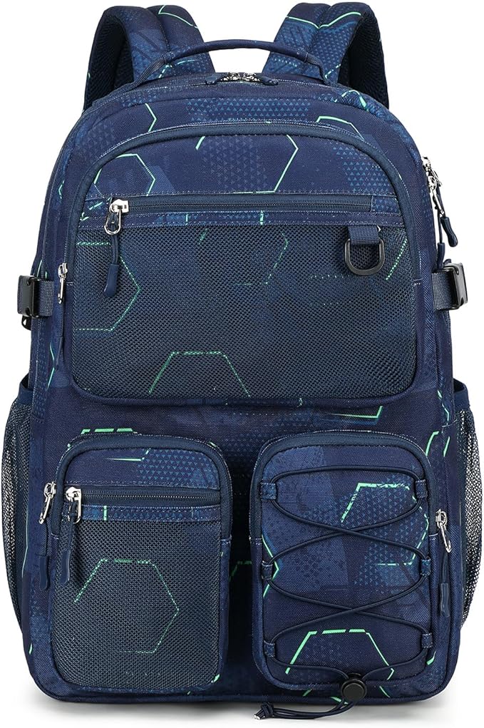 Lohol Multi-Pocket Backpack for Travel College, Heavy Duty Big Bookbag with 15.6 inch Laptop Compartment (Navy Geometry