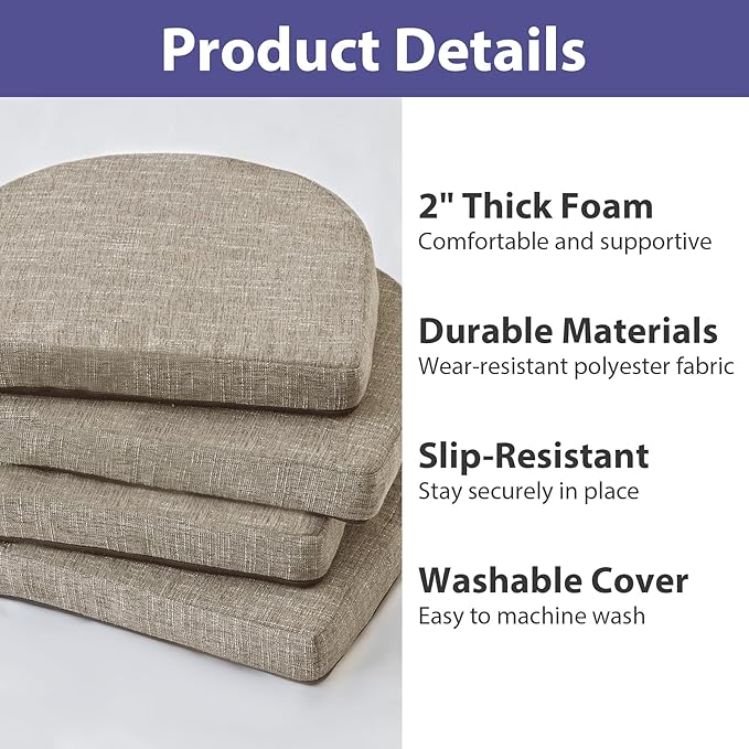 Chair Cushions for Dining Chairs with Ties and Removable Cover, Dining Kitchen Chair Pads with Non-Slip Bottom, High-Resilience Indoor Seat Cushions, 16'' x 16'' x 2'', Set of 6, Khaki