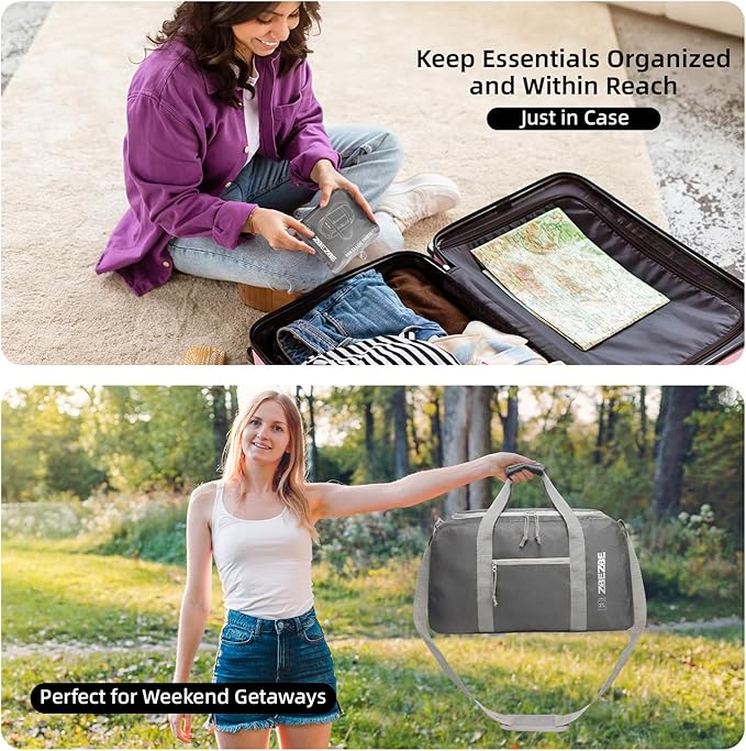 Foldable Travel Duffel Bag, Lightweight & Easy to Carry Water-Repellent Duffle Bag - 2-Way Zipper & Interior Pouch, Ideal for Weekend Trips, Daily Use,Camping，Sports